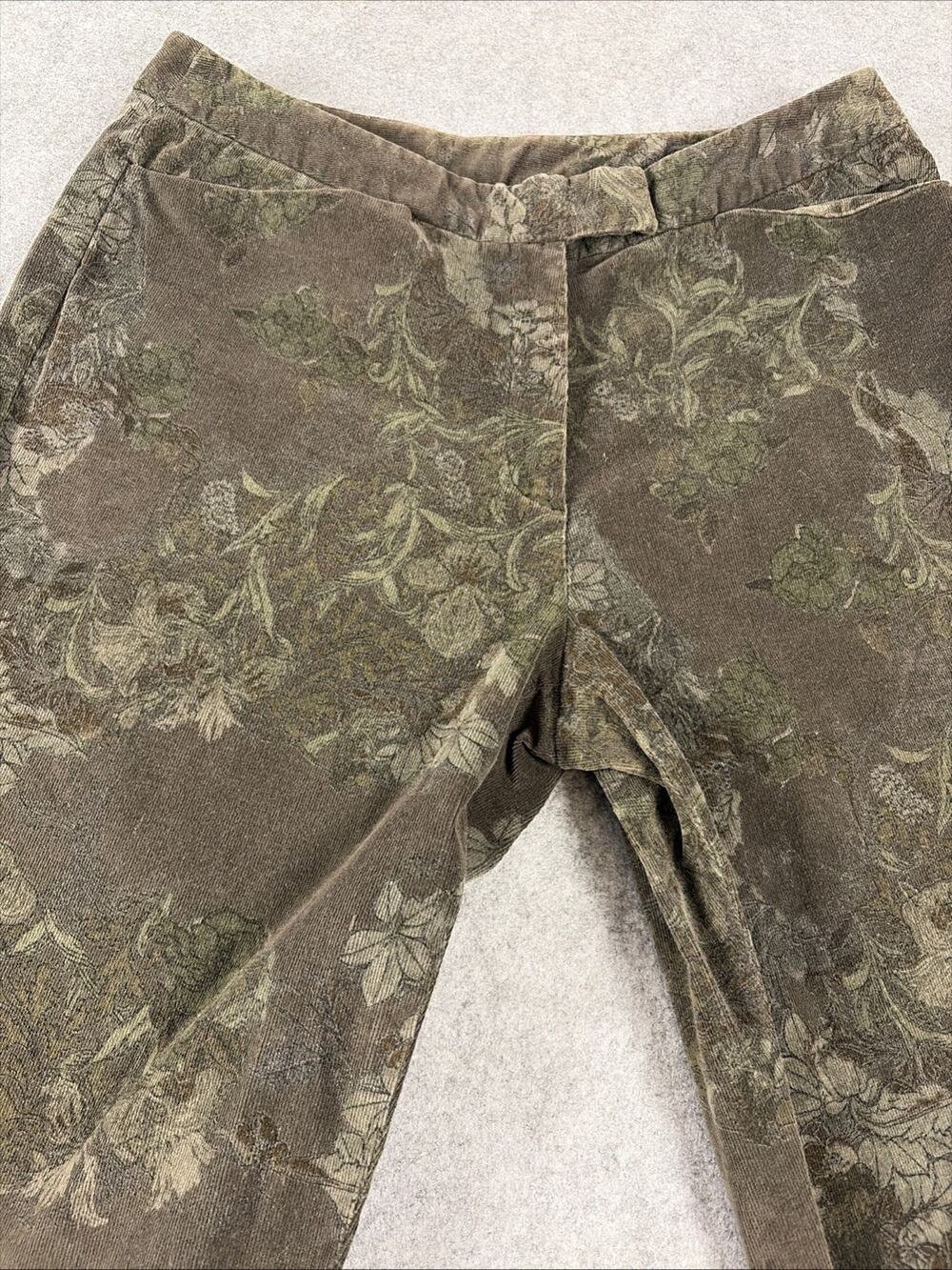 J . Jill Stretch Olive Green Wale Textured Floral Print Corduroy Pants Size 12 P